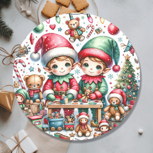 Pegatina Redonda Elfos Adorables en Navidades del Taller de Santa M