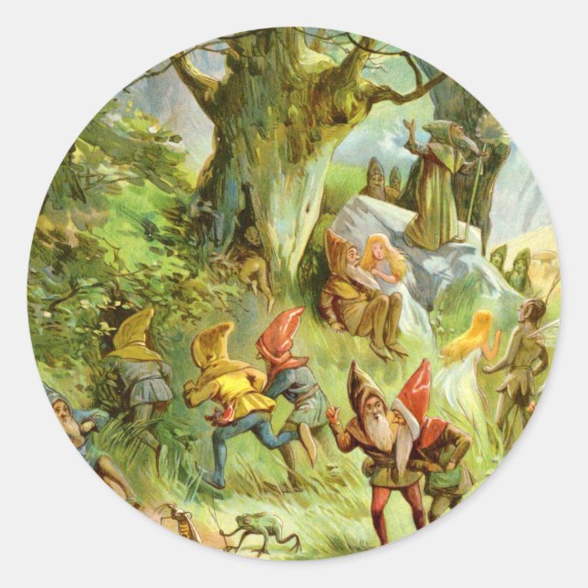 Pegatina Redonda Elfos y gnomos en el bosque mágico oscuro profundo (Anverso)