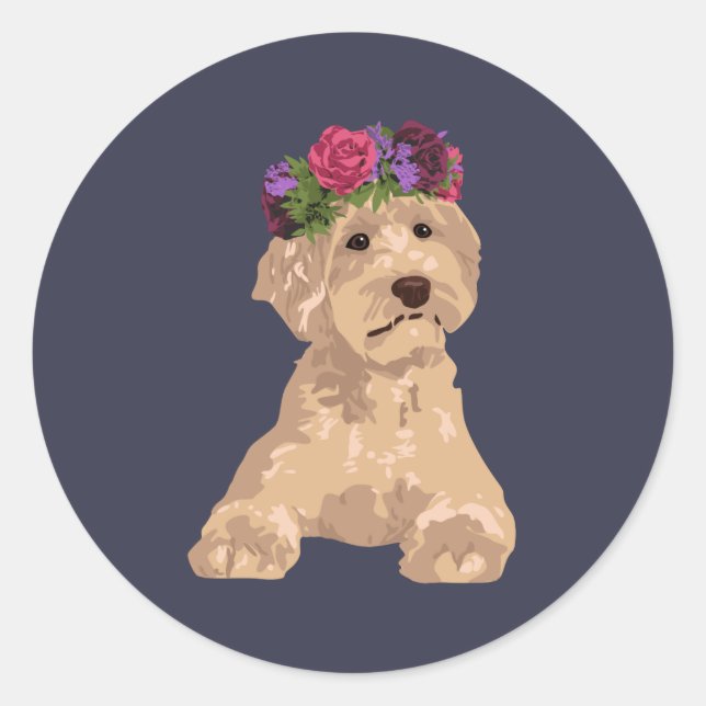 Pegatina Redonda Eli The Sweet Flower Crown Golden Labradoodle (Anverso)