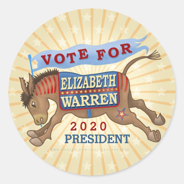 Pegatina Redonda Elizabeth Warren Presidente 2020 Demócrata Donkey (Anverso)