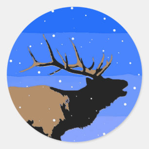 Pegatina Redonda Elk en invierno - Arte original de la vida salvaje