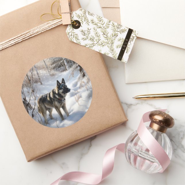 Pegatina Redonda Elkhound noruego deja que nieve Navidades (Regalar)