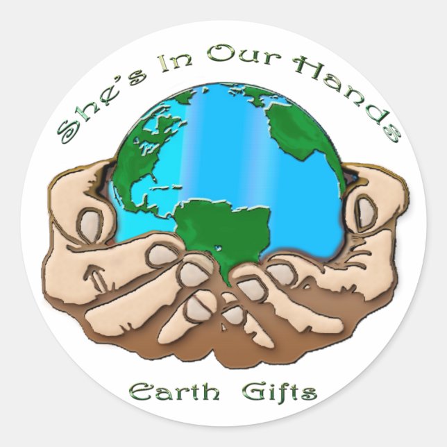 Pegatina Redonda ELLA ESTÁ EN NUESTRA Colección DE MANOS (Anverso)