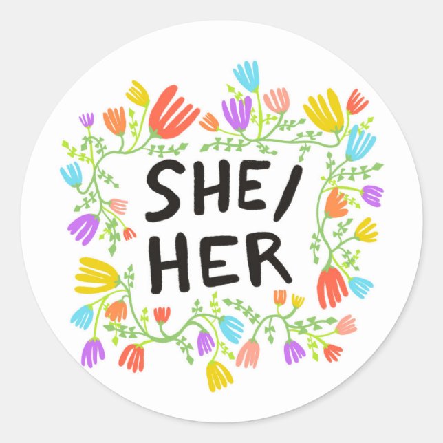 Pegatina Redonda ELLA / SU Pronouns Floral Handlettering Set de (Anverso)