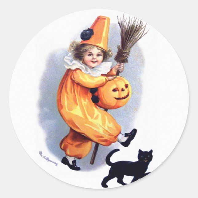 Pegatina Redonda Ellen H. Clapsaddle: Harlequin de Halloween con un (Anverso)
