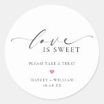 Pegatina Redonda Ellesmere Love is Sweet Wedding Favor<br><div class="desc">Estos pegatinas de la boda presentan un diseño minimalista y un encabezado de caligrafía. Personalice las bolsas con sus nombres y fecha, el encabezado del guión no es editable. Estos pegatinas favoritas pueden ser usados para bodas, duchas de novias, duchas para bebés, cumpleaños o cualquier otro evento. Para una personalización...</div>