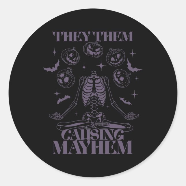 Pegatina Redonda Ellos Causan Mayhem Skeleton Boho Halloween N (Anverso)