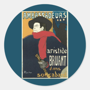 Pegatina Redonda Embajadores, Aristide Bruant por Toulouse Lautrec
