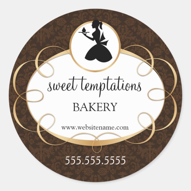 Pegatina Redonda Embalaje de Silhouette Lady y Cupakes Bakery (Anverso)