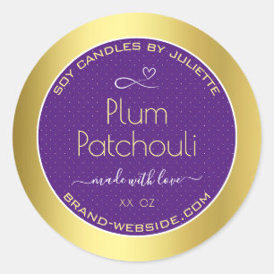 Pegatina Redonda Embalaje de velas de soja de ciruela púrpura con e