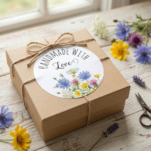 Pegatina Redonda Embalaje Floral Hecho a Mano con Amor
