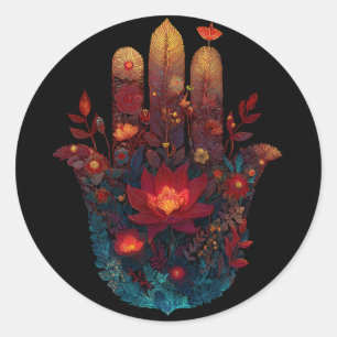Pegatina Redonda Ember Lotus Diseño de Mano Hamsa