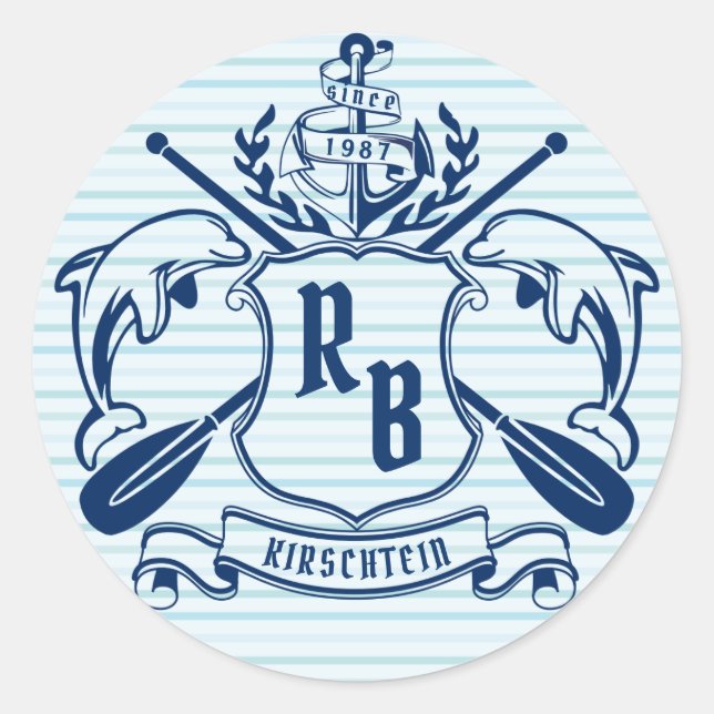 Pegatina Redonda Emblema costero Delfines Anchor Escudo Oar Náutico (Anverso)