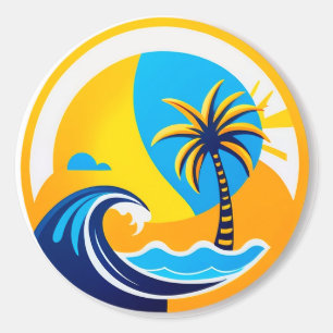 Pegatina Redonda Emblema de Amanecer Sobre Olas del Océano