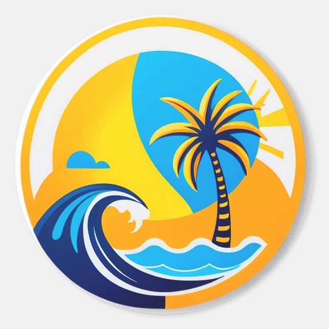 Pegatina Redonda Emblema de Amanecer Sobre Olas del Océano (Anverso)