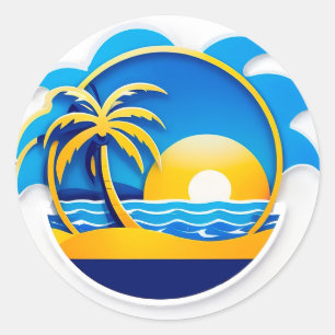 Pegatina Redonda Emblema de Amanecer Sobre Olas del Océano