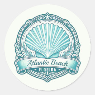 Pegatina Redonda Emblema de concha marina costera de Atlantic Beach