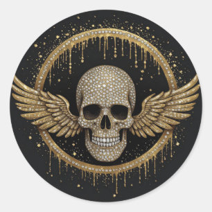 Pegatina Redonda ☠️ Emblema de cráneo con halo dorado para regalos 
