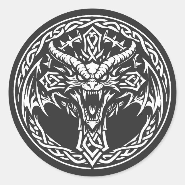 Pegatina Redonda Emblema de Dragón Celta por BurnsInHell (Anverso)
