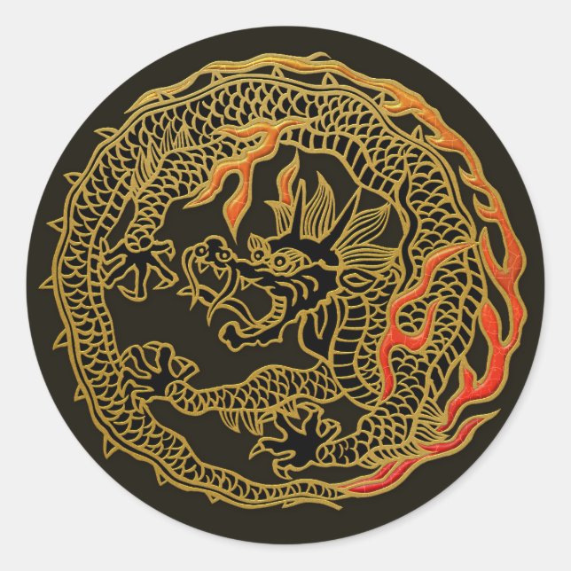 Pegatina Redonda Emblema de Dragón de Llama Dorada (Anverso)