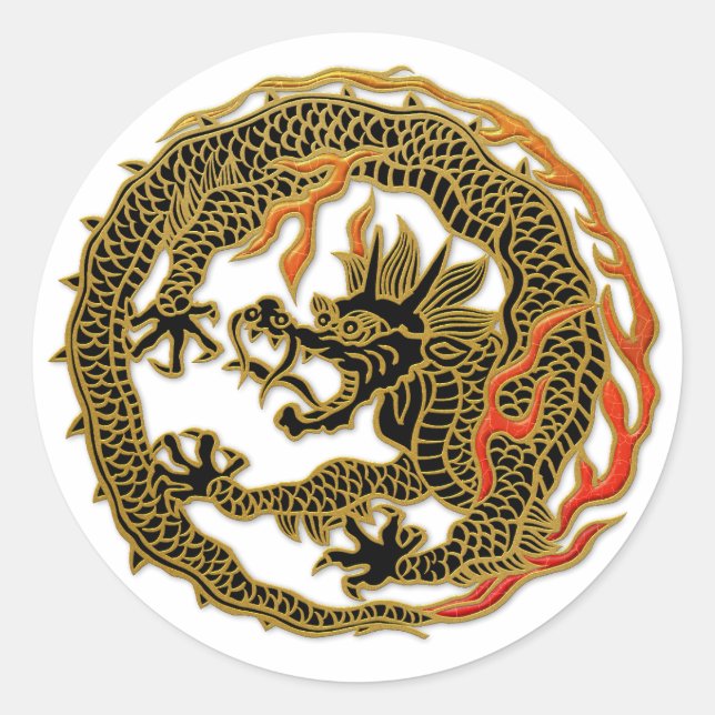 Pegatina Redonda Emblema de Dragón de Llama Dorada (Anverso)
