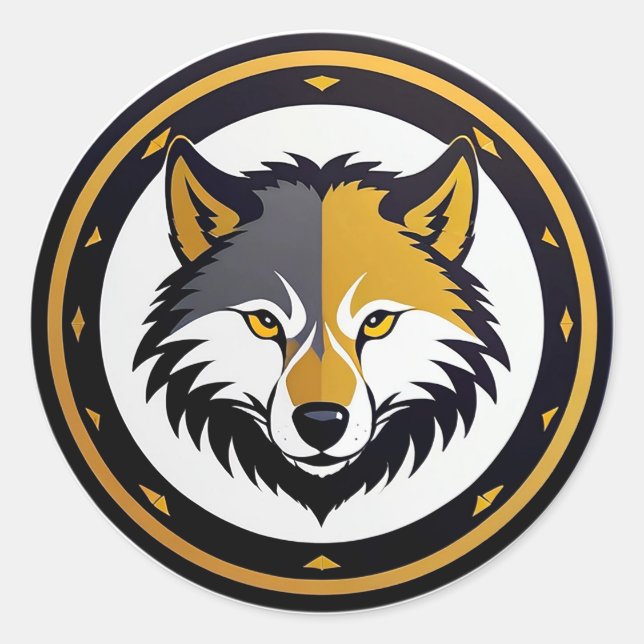Pegatina Redonda Emblema de Lobo con Círculo Dorado (Anverso)