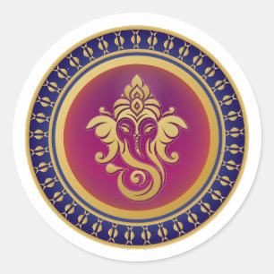 Pegatina Redonda Emblema de Mandala hindú azul real Ganesha oro de
