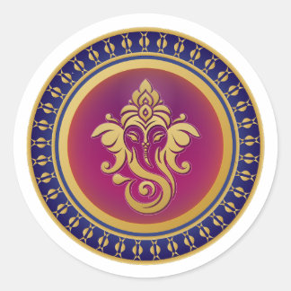 Pegatina Redonda Emblema de Mandala hindú azul real Ganesha oro de