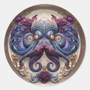 Pegatina Redonda Emblema de pulpo steampunk con rosas púrpura