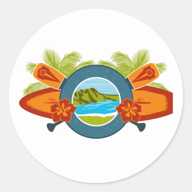Pegatina Redonda Emblema de Surf Hawaiano Diamond Head (Anverso)