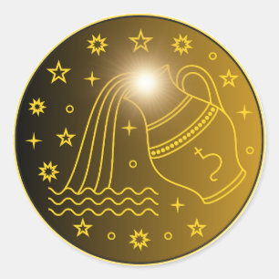 Pegatina Redonda Emblema del Zodiaco Acuario   Símbolo Celestial Mí