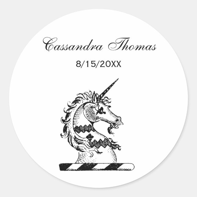 Pegatina Redonda Emblema herálico de cabeza de unicornio (Anverso)