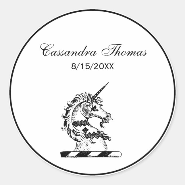 Pegatina Redonda Emblema herálico de cabeza de unicornio (Anverso)