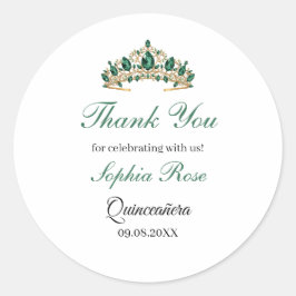 Pegatina Redonda Emerald Green Gold Tiara Quinceañera Sticker