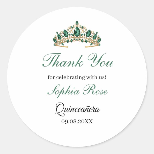 Pegatina Redonda Emerald Green Gold Tiara Quinceañera Sticker (Anverso)