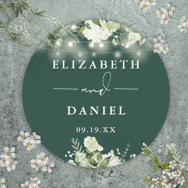 Pegatina Redonda Emerald Greenery String Luces Favor de la Boda