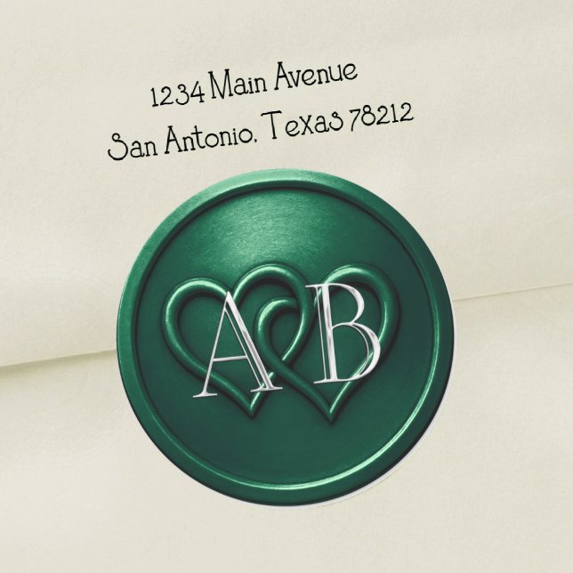 Pegatina Redonda Emerald Two Hearts Silver Monogram Wedding (Subido por el creador)