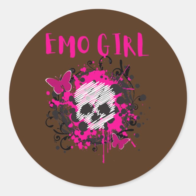 Pegatina Redonda Emo Chica Cráneo Rosado Emo Gótico Música Adolesce (Anverso)