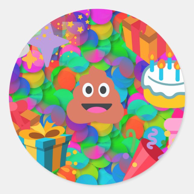 Pegatina Redonda emoji de caca de cumpleaños feliz (Anverso)