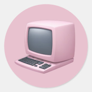 Pegatina Redonda Emoji de computadoras Rosa Retro