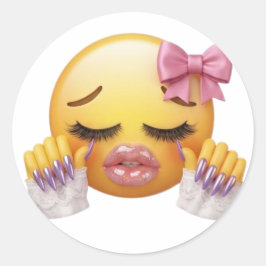 Pegatina Redonda Emoji de llanto descarado con lazo rosa y uñas