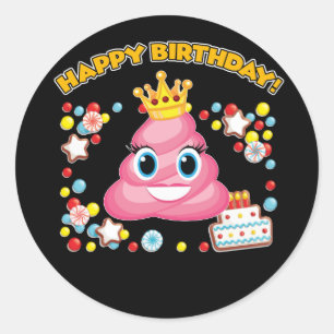 Pegatina Redonda Emoji de poop rosado Feliz cumpleaños a Chicas
