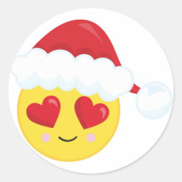 Pegatina Redonda Emoji de Santa con Ojos de Corazón Navidad