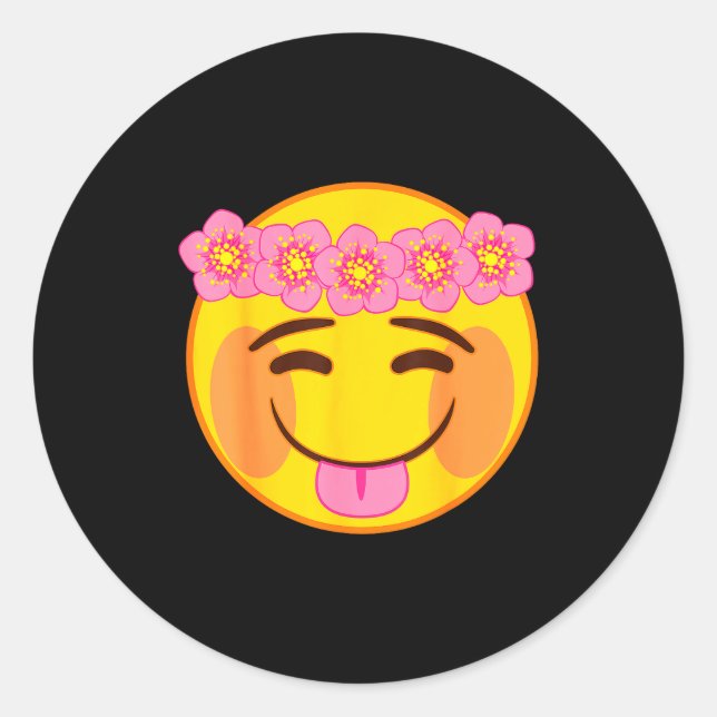 Pegatina Redonda Emoji Flower Crown Tongue Yellow Smile Face  (Anverso)