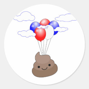 Pegatina Redonda Emoji Poo Volando Con Globos
