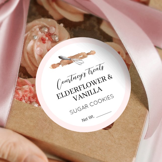 Pegatina Redonda Empaquetado de postres Rubor Pink Elegant Sugar Co (Blush pink and white bakery stickers, great for cookies, cupcakes and more! Add your custom flavors)