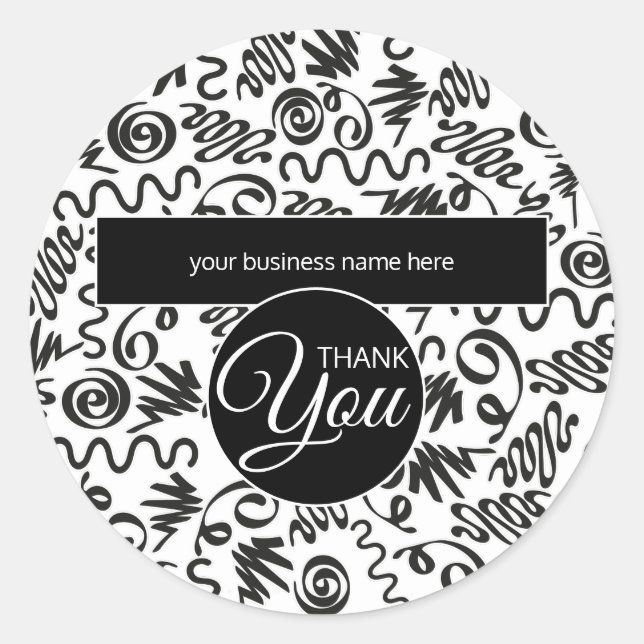 Pegatina Redonda Empresariales Gracias Doodle Curls Black and White (Anverso)