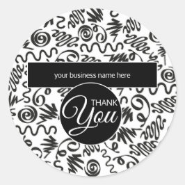 Pegatina Redonda Empresariales Gracias Doodle Curls Black and White