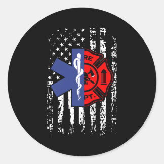 Pegatina Redonda Emt Firefighter Firefighter Bandera Estadounidense