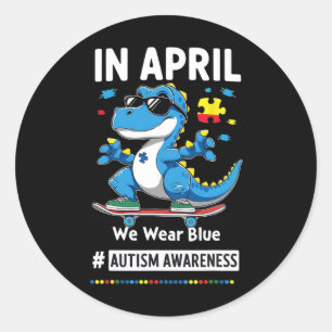 Pegatina Redonda En Abril Nosotros Usamos Azul Dinosaurio Divertido